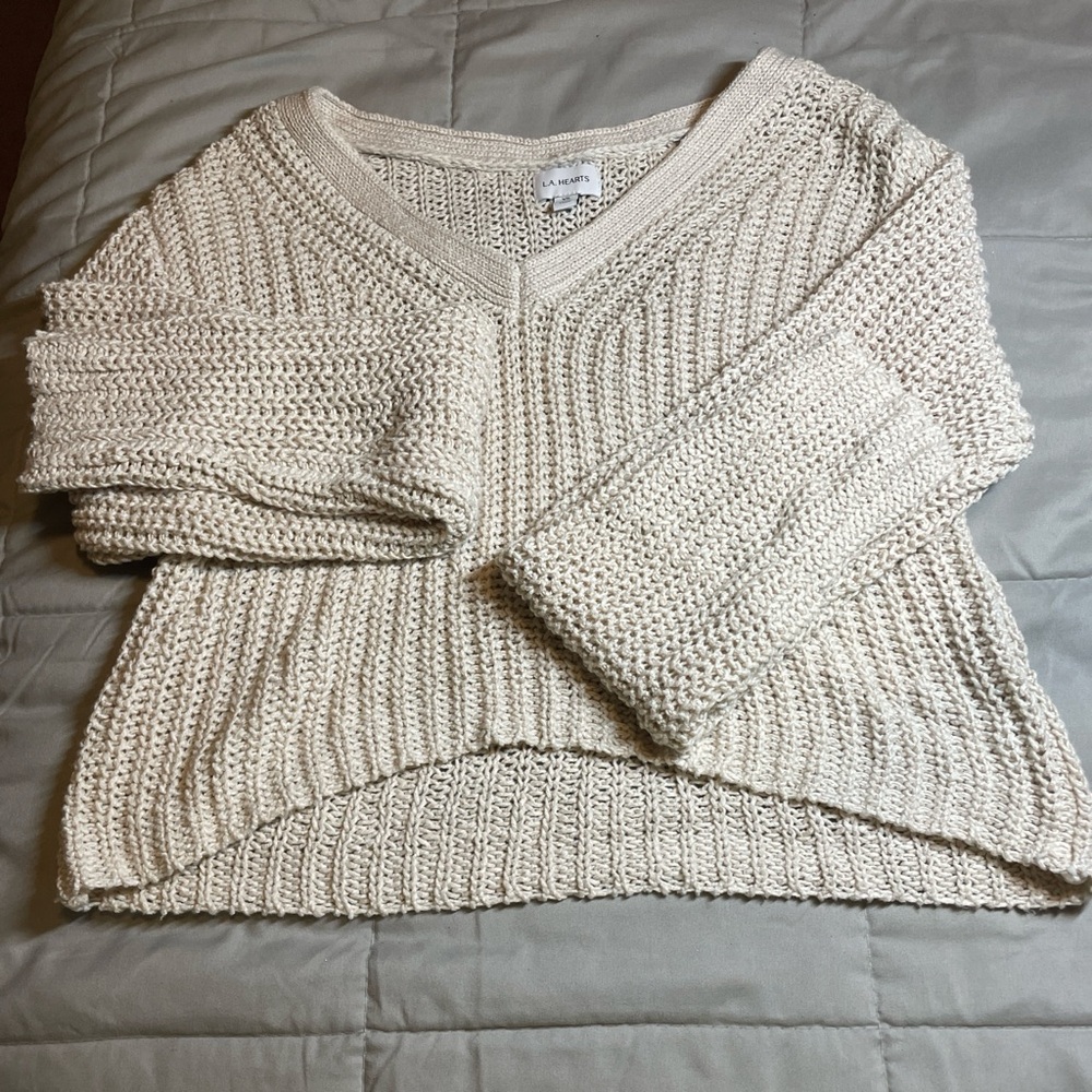 La Hearts Cream Knit V-Neck Sweater